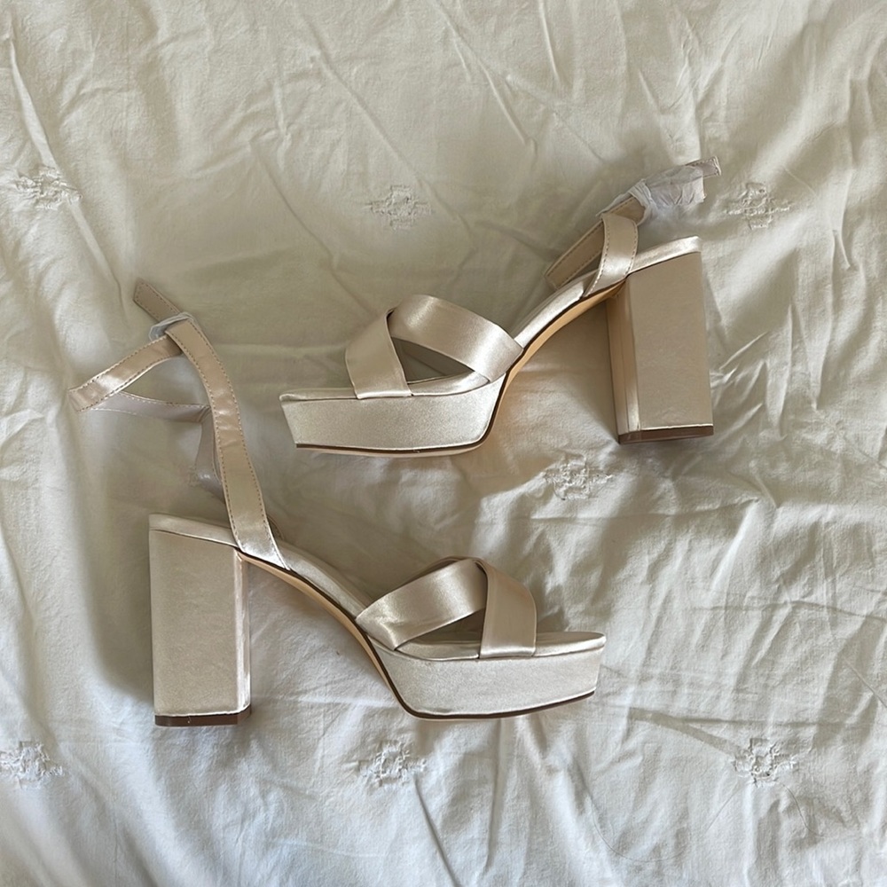 Lulus Ivory Satin ankle strap heels